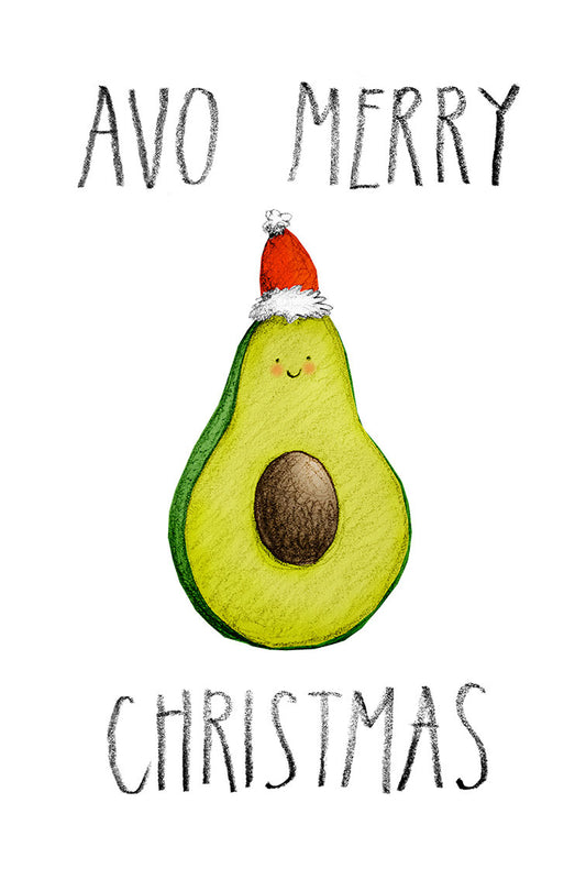 Avocado character wearing a Santa hat with 'Avo Merry Christmas' text on a white background