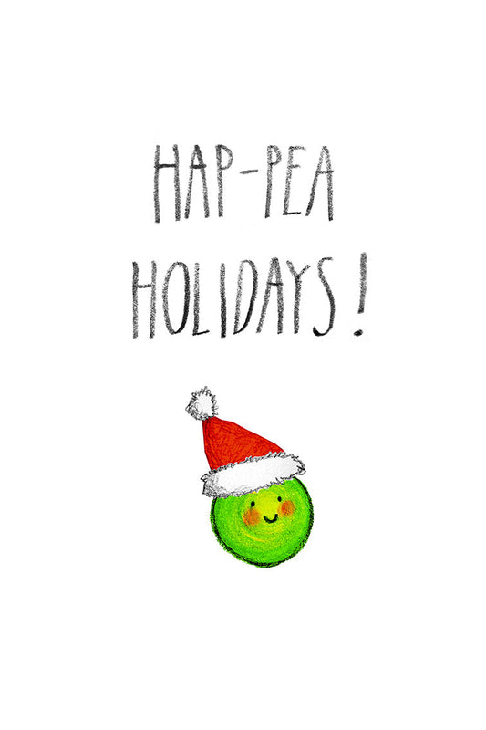 Green pea with a Santa hat and 'Hap-Pea Holidays!' text on a white background