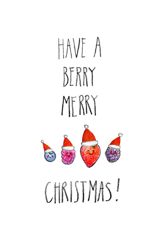 Cartoon blueberry, raspberry, strawberry, and blackberry characters wearing Santa hats with text 'Have a berry merry Christmas!' on a white background.