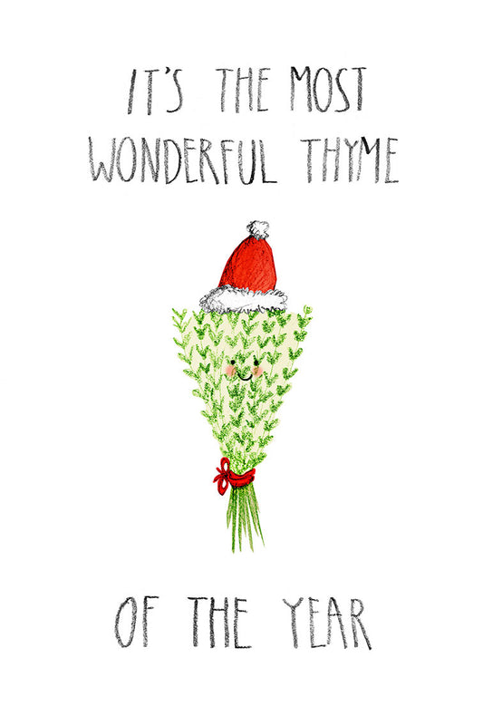 Bouquet of thyme with a Santa hat and text 'It's the most wonderful thyme of the year' on a white background