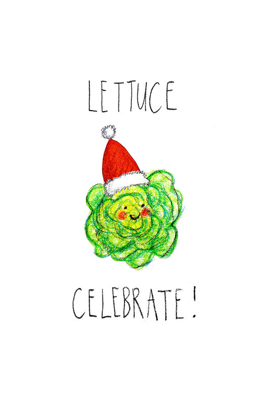 Cartoon lettuce character wearing a Santa hat with text 'LETTUCE CELEBRATE!' on a white background