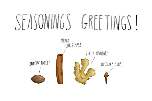 Illustrations of seasonings with holiday greetings on a white background