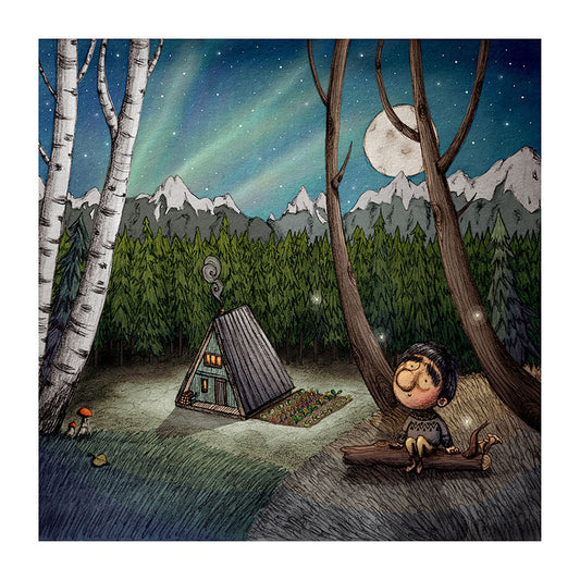 Illustration of a boy sitting on a log in a forest with a cabin and aurora borealis and full moon in the background.