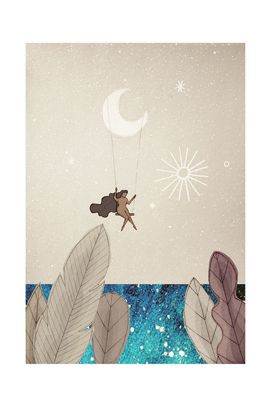 Illustration of a woman on a swing hanging from a crescent moon above water with leaves and celestial elements.