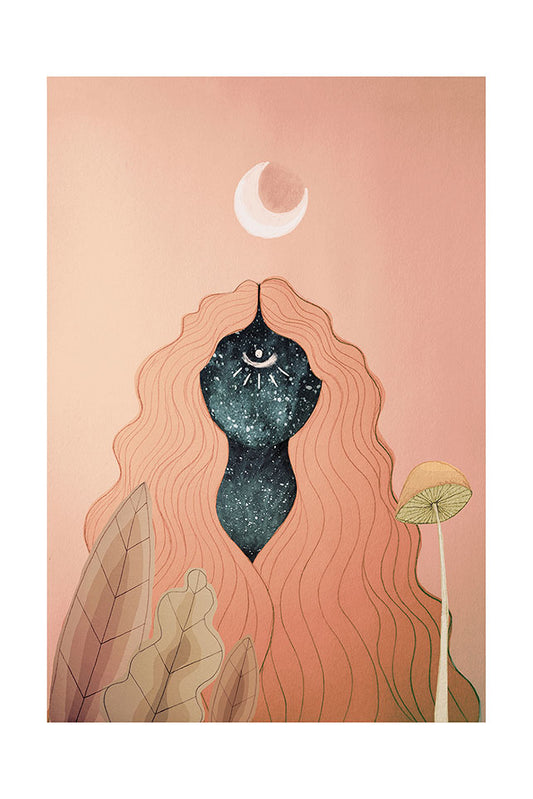 Artistic illustration of a person with long hair and a celestial eye design, set against a pink background with a moon, mushroom and plants.