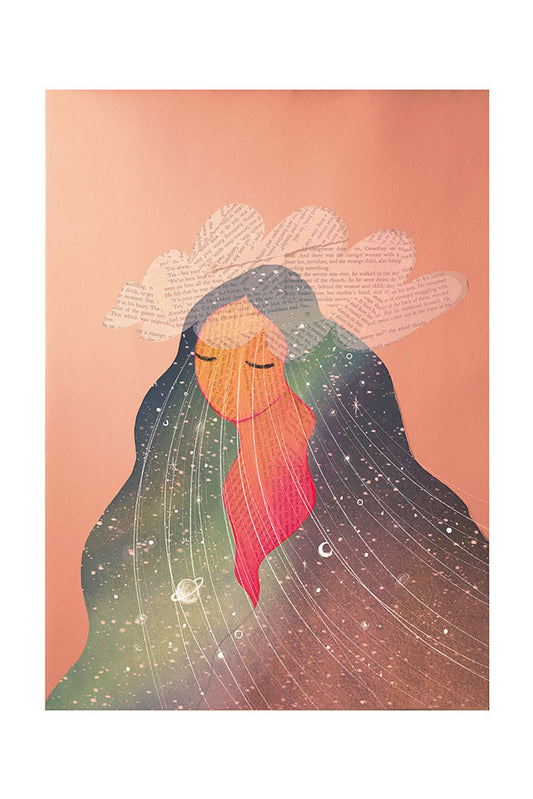 Illustration of a woman with a cloud on her head and the cosmos in her hair on a peach background
