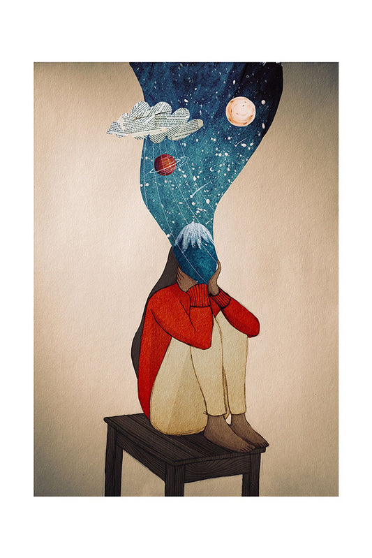 Illustration of a woman sitting on a stool, her head has been replaced by a ray filled with a starry sky with a full moon, planets and clouds.