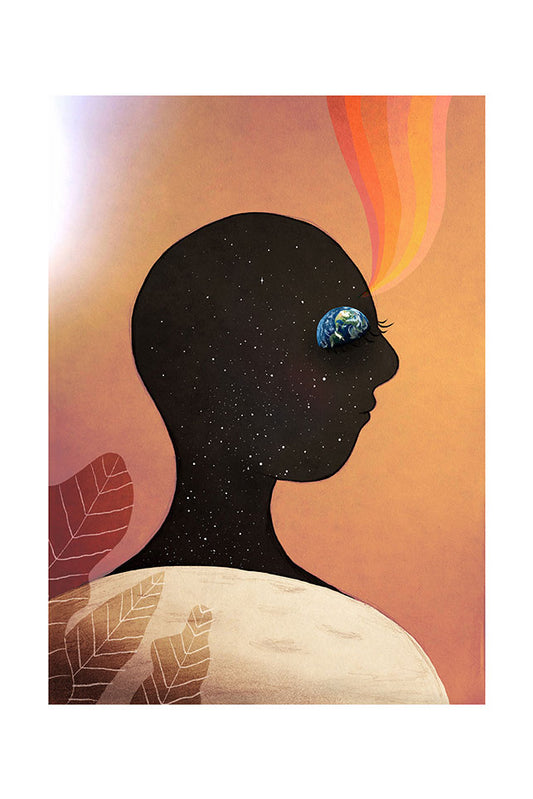 Silhouette of a person with the planet earth as their eye and the moon as their shoulders, and a rainbow ray coming from their head, against an orange background