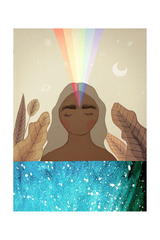 Illustration of a woman in the sea with a rainbow coming out of her head, surrounded by nature elements on a beige background.