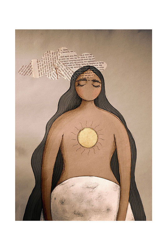 Artistic depiction of a woman holding the moon, with a sun symbol on her chest and a cloud at her head against a beige background