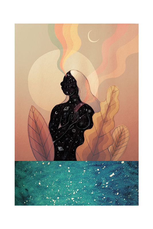 Artistic depiction of a woman's silhouette standing in the sea against a full moon with colourful rays coming out of her heart and head, with leaves and celestial elements.