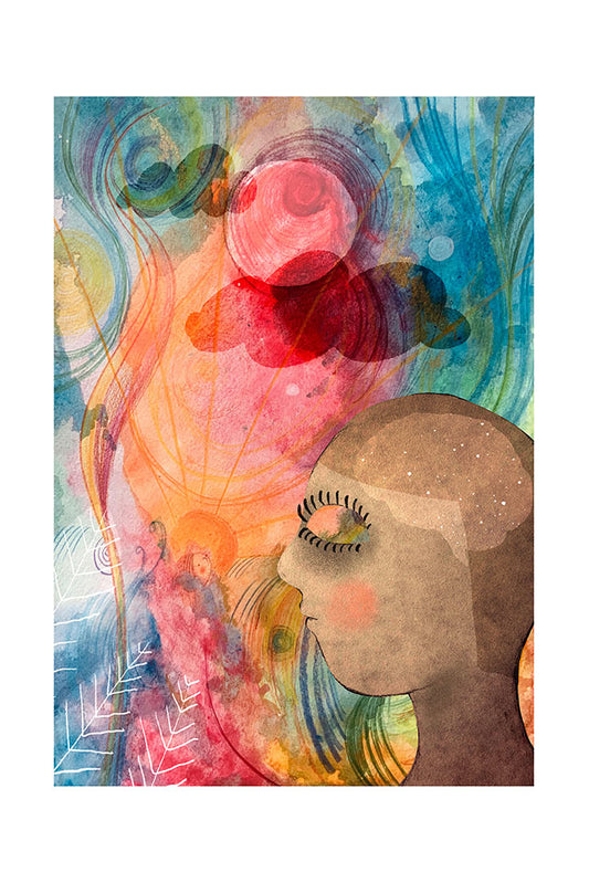 Colorful abstract art with a stylized face and swirling patterns