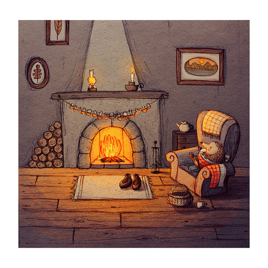 Cozy room with a fireplace, hedgehog in an armchair, and wooden floor.