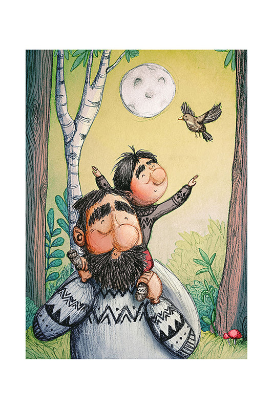 Illustration of a father carrying his son on his shoulders in a forest with a moon and bird in the backround