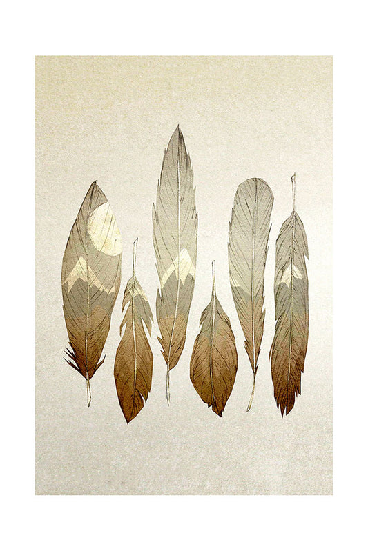 Illustration of feathers with mountains and full moon design on a textured beige background