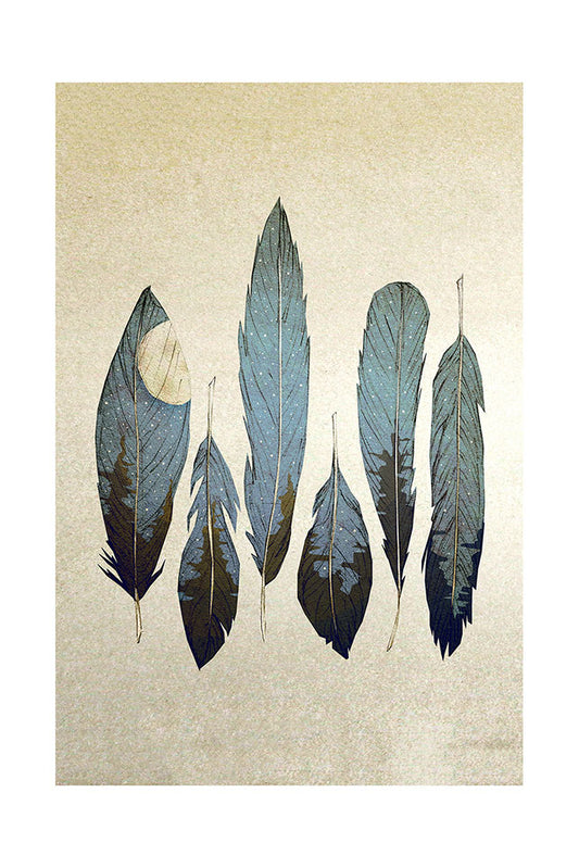 Illustration of feathers with a starry sky and full moon and forest design on a beige background