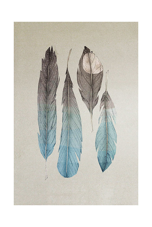 Illustration of feathers with a sea and full moon design on a textured beige background