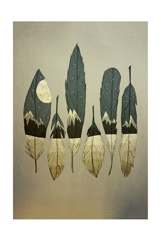 Artistic depiction of feathers with mountain and moon designs on a beige background