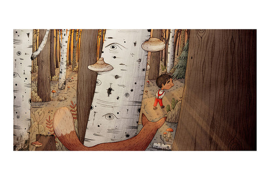 Illustration of a child walking in a sun drenched forest with trees and mushrooms and a fox peeking out from behind a birch tree watching him