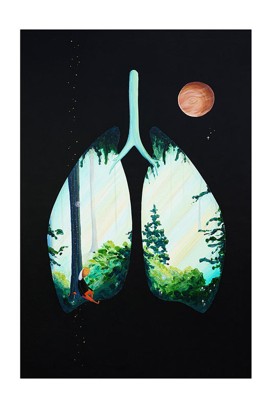 Artistic depiction of lungs with a forest inside, set against a black background with a planet.