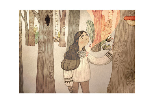 Illustration of a woman in a forest resting her hand on the trunk of a tree