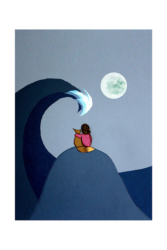Illustration of a girl and fox sitting on a hill watching a big wave, with a full moon in the background.