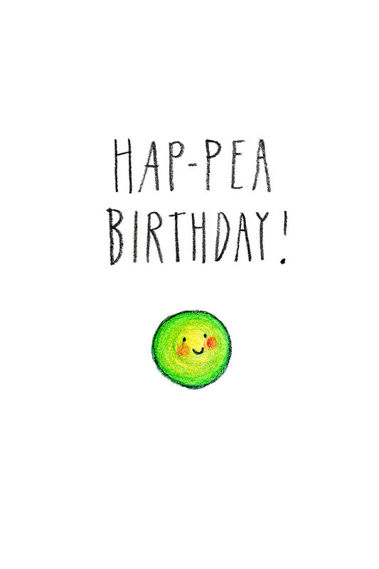 Card with 'Hap-pea Birthday!' text and a smiling green pea on a white background