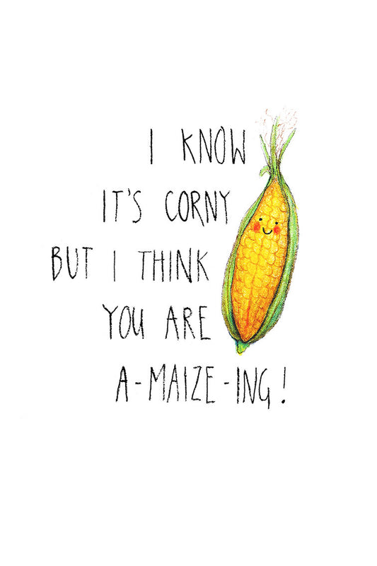Cartoon corn with a smiley face and text on a white background