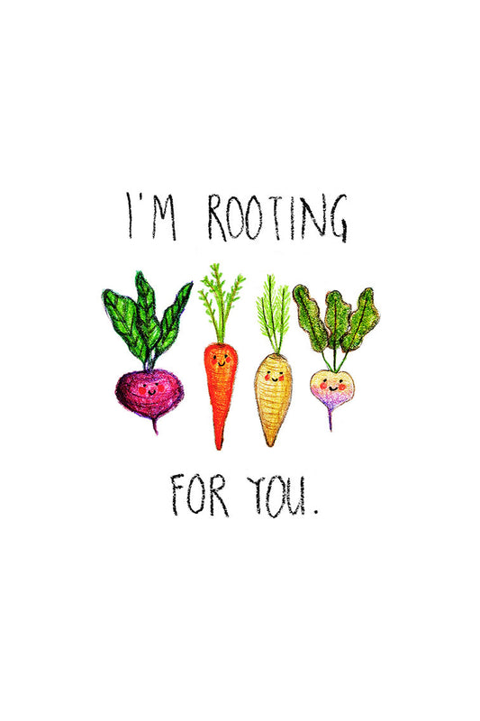 Cartoon vegetables with a motivational quote on a white background