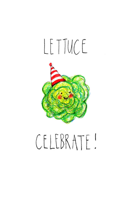 Illustration of a lettuce character wearing a party hat with text 'LETTUCE CELEBRATE!' on a white background