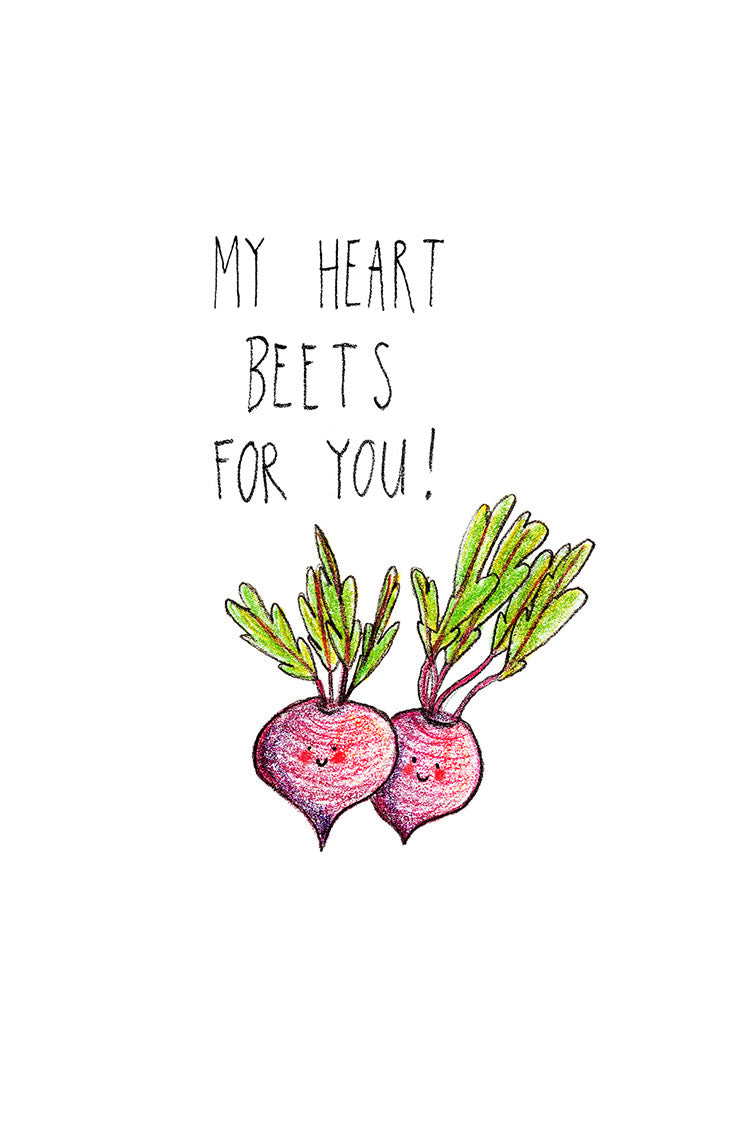 Cartoon beetroots and text 'My heart beets for you!' on a white background