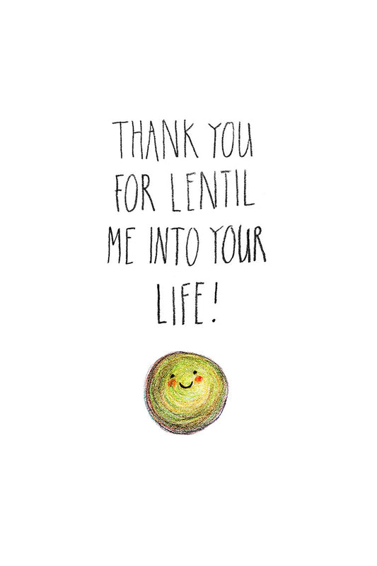 Cartoon lentil with a smiley face on a white background with humorous text.
