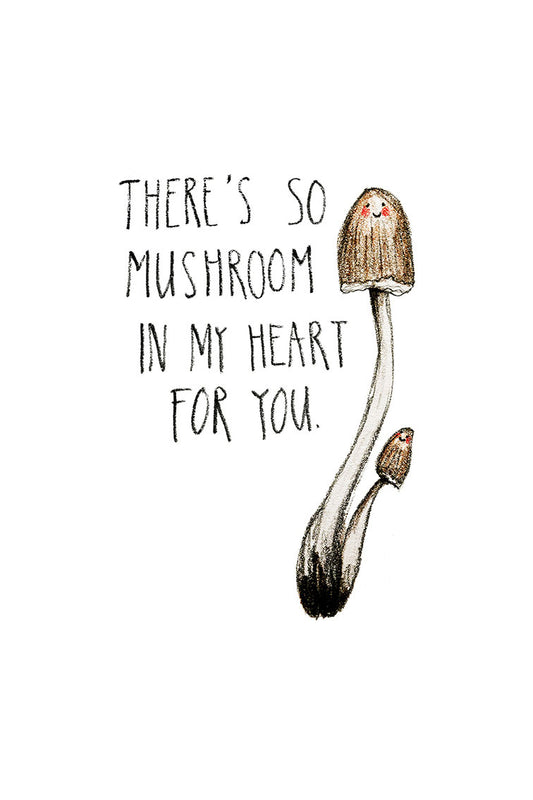 Illustration of two mushrooms with a humorous quote on a white background