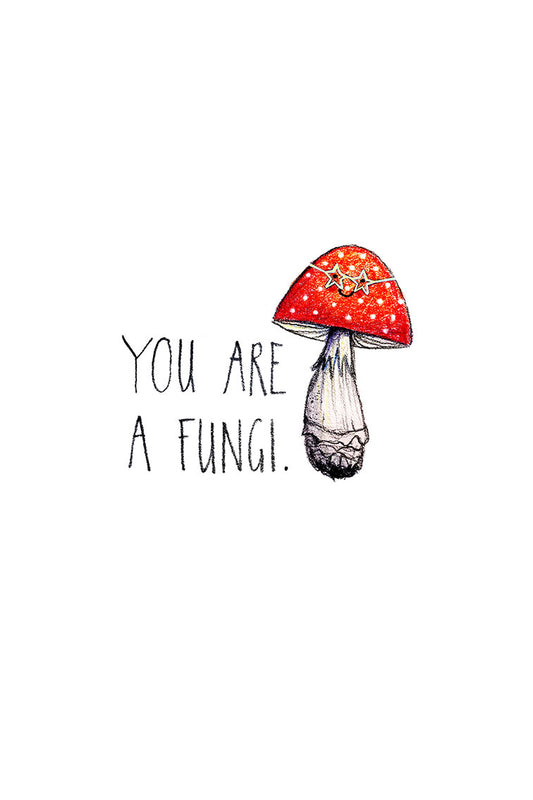 Illustration of a red mushroom with a white stem on a white background, featuring the text 'You are a fungi.'