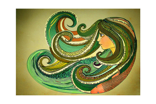 Artistic depiction of a woman's face with flowing, colorful hair like ocean waves and a fish