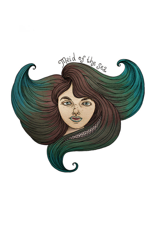 Illustration of a woman with flowing hair like ocean waves and 'Maid of the Sea' text on a white background