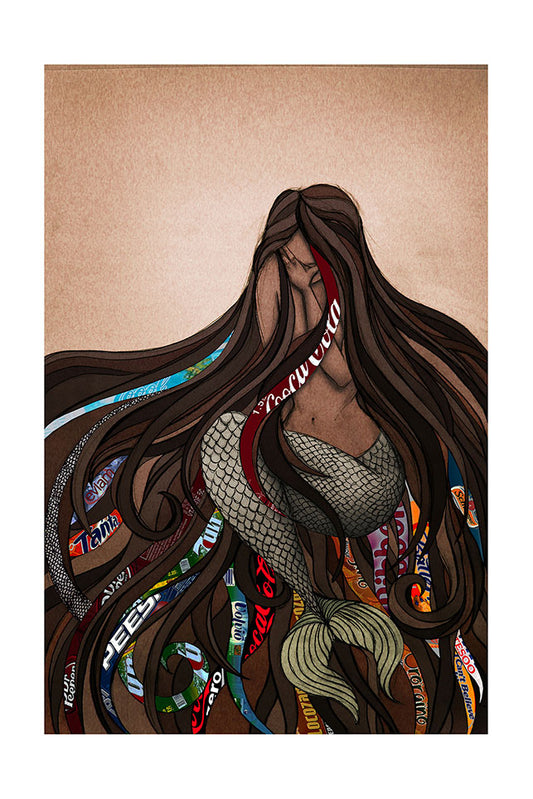 Artistic depiction of a mermaid crying with ocean plastic and rubbish in her hair on a beige background