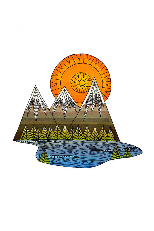 Mountain landscape with a sun, trees and lake on a white background