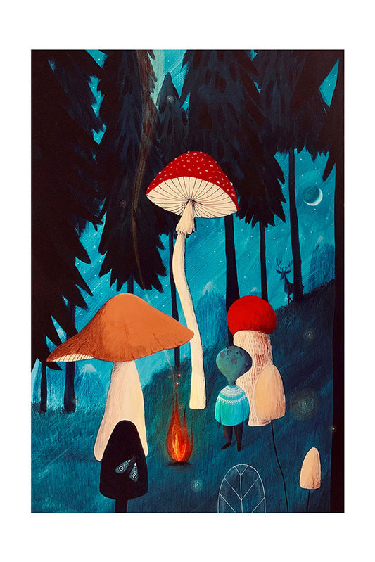 Illustration of a boy with oversized mushrooms around a campfire at night in a forest setting