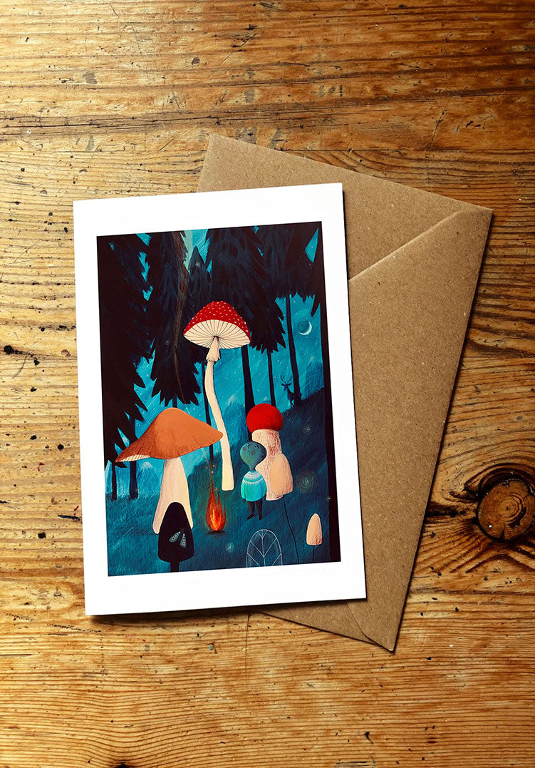 Greeting card with mushroom illustration and a boy in the woods on a wooden surface