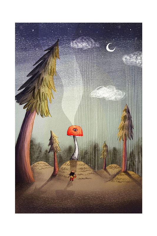 Illustration of a girl foraging mushrooms looking up at a giant mushroom in a rainy landscape with tall trees and a crescent moon.
