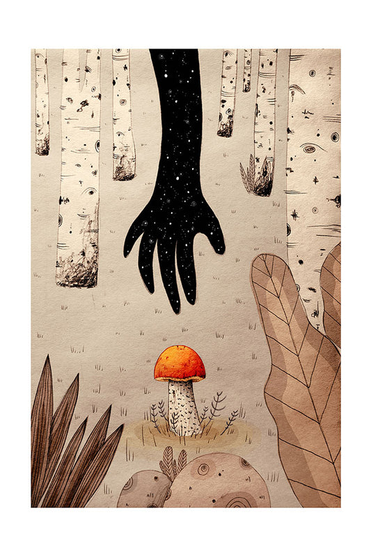 Illustration of a hand reaching towards a red birch bolete mushroom in a birch forest setting