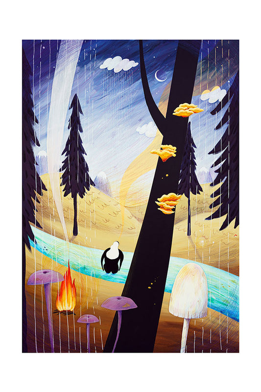Surreal forest scene with mushrooms, a camp fire, and a woman standing in a stream under a starry sky.