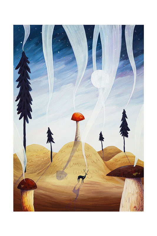 Surreal landscape with giant mushrooms, trees, and a deer under a starry sky with a full moon.