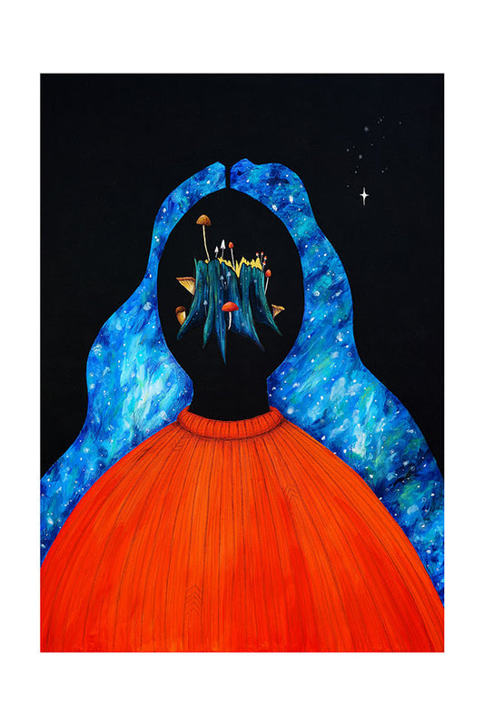 Artistic depiction of a person with long blue starry hair with a tree stump with mushrooms growing out of it where their face would be, wearing a red jumper against a black background.