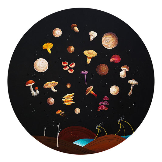 Illustration of various wild edible mushrooms and moons and planets on a black background with a landscape with ocean waves, hills and trees at the bottom.