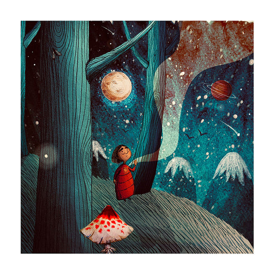 Illustration of a child in a red dress looking at a moonlit forest with a large mushroom.