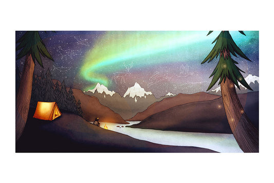 Illustration of a father and son by a campfire in a wilderness landscape with a tent, mountains, star constellations, and aurora borealis.