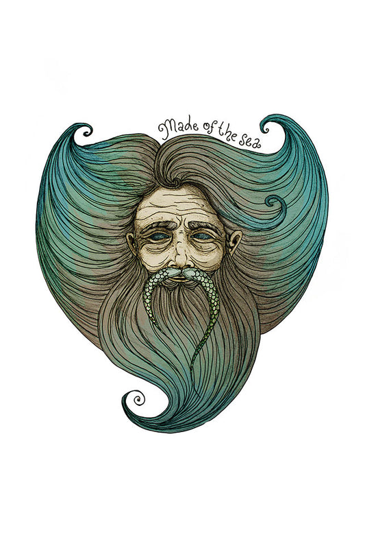 Illustration of a face with a long, wavy beard and mustache, styled like waves of the sea, on a white background.