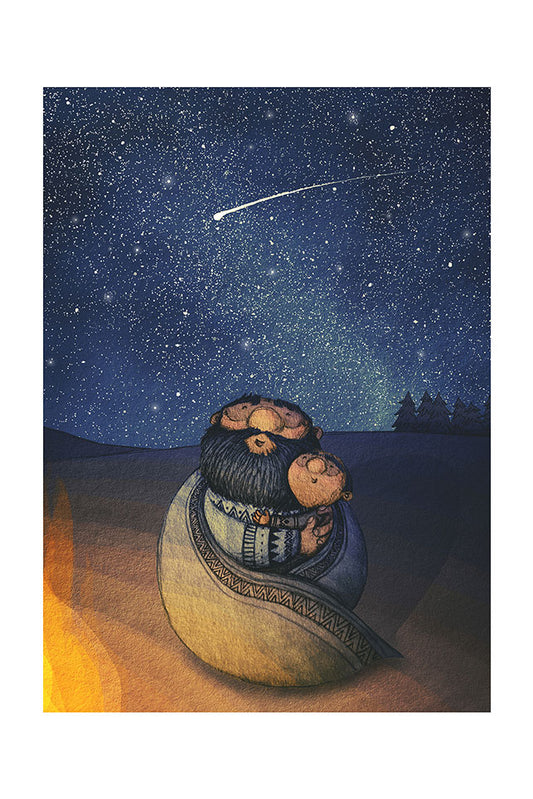 Illustration of a father and son wrapped in a blanket by a camp fire under a starry night sky.
